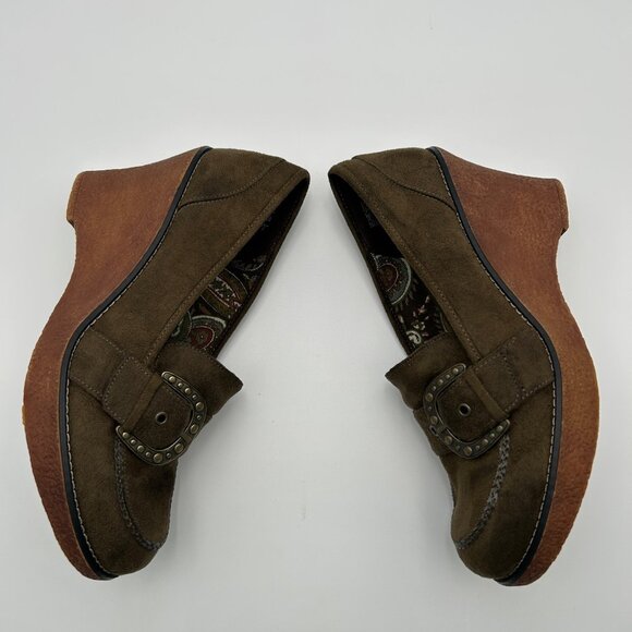 LOWER EAST SIDE VTG Olive Green Suede Wedge Platform Buckle Retro Style Size 9 - Picture 3 of 13